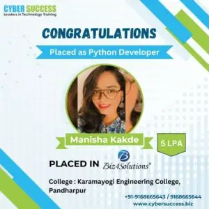 Manisha Kakde placed as Python Developer after completing Python Course in Pune with Placement at Cyber Success