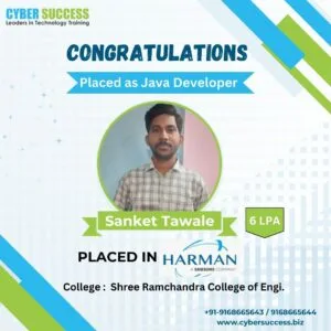 Sanket Tawale placed as Java Developer with 6 LPA package after completing Java Full Stack Course with Placement at Best IT Training Institute in Pune Cyber Success