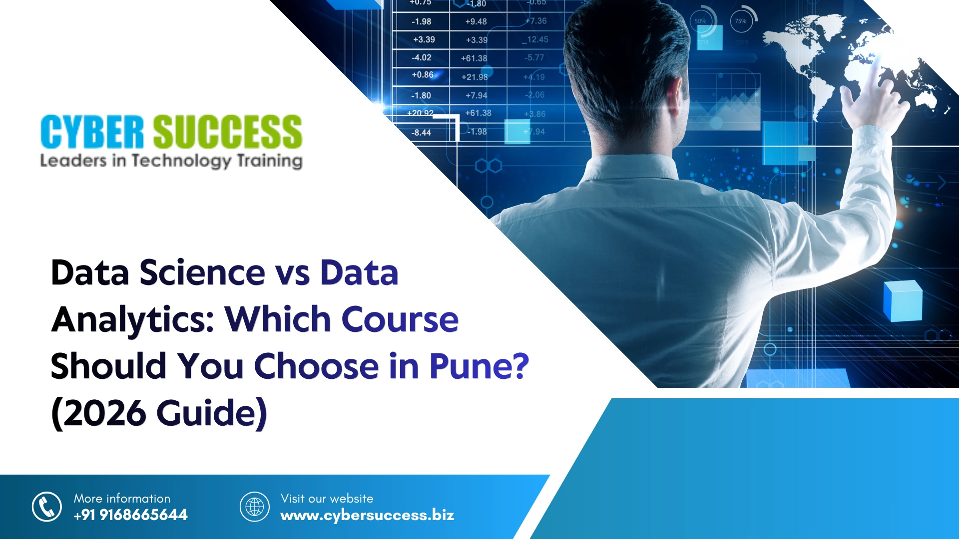 Data Science vs Data Analytics course comparison in Pune 2026 showing career options, skills, salary potential, and training opportunities at Cyber Success