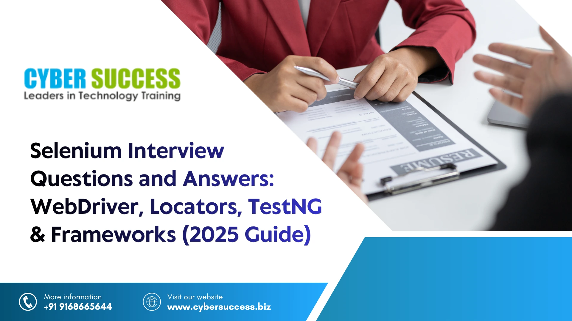 Cyber Success banner featuring Selenium Interview Questions and Answers for 2025, covering WebDriver, Locators, TestNG, and Frameworks, with an IT job interview and resume discussion scene.