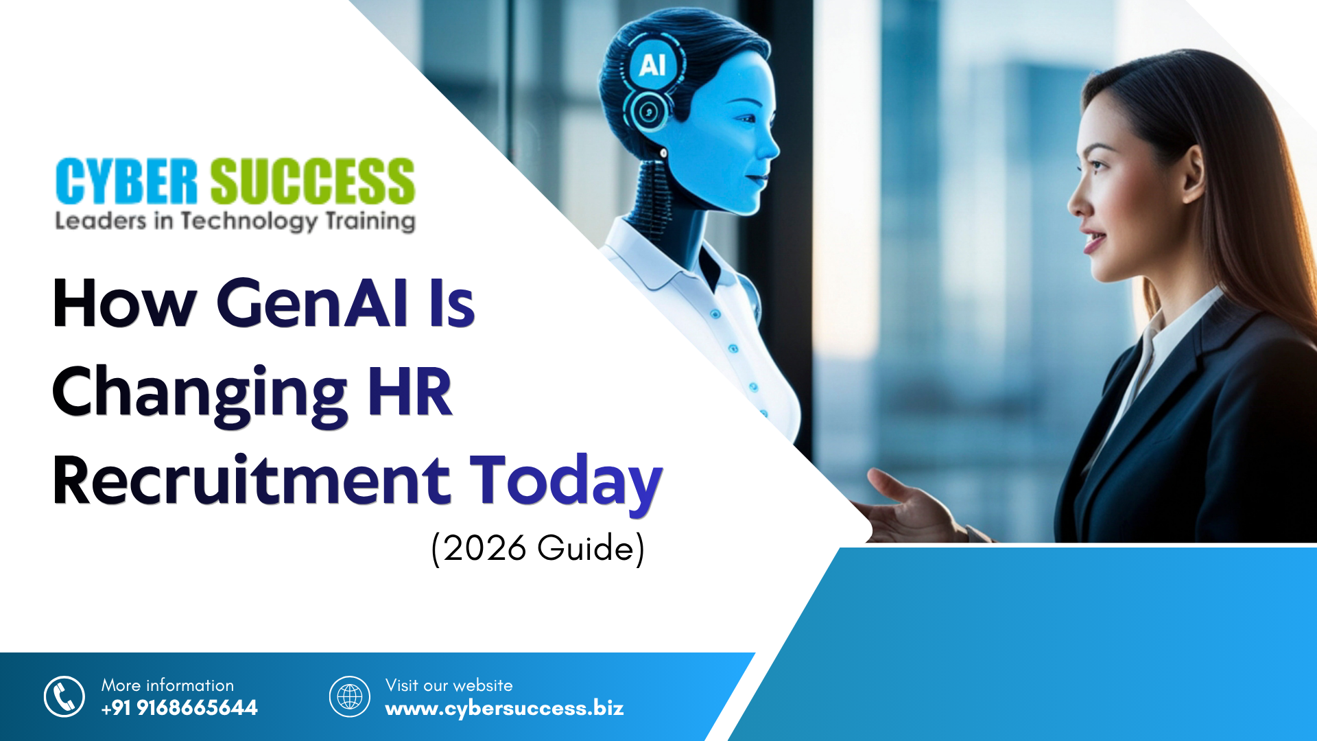 "Cyber Success blog cover featuring an AI-powered virtual recruiter interviewing a job candidate with the title 'How GenAI Is Changing HR Recruitment Today (2026 Guide)', highlighting the impact of generative AI on modern hiring and recruitment processes."