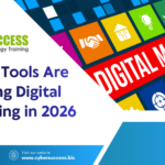 How AI Tools Are Changing Digital Marketing in 2026 blog banner by Cyber Success featuring digital marketing icons, highlighting AI-powered marketing, SEO, content creation, and automation.