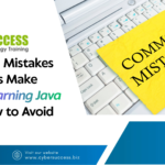 Cyber Success graphic featuring common mistakes beginners make while learning Java, with a laptop keyboard and “Common Mistakes” note.