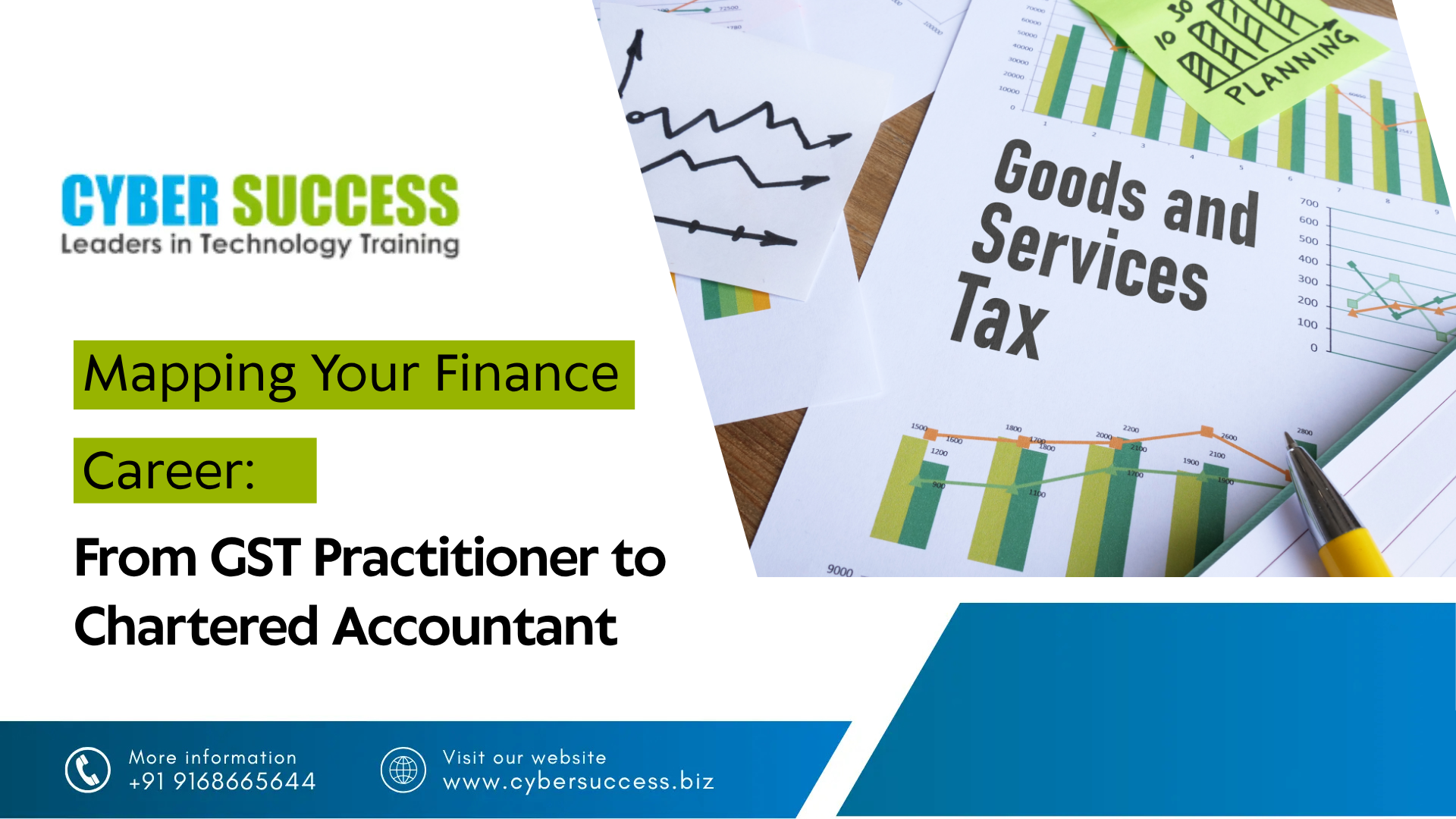 Cyber Success blog banner featuring financial charts and GST-related documents, highlighting a career path from GST Practitioner to Chartered Accountant.