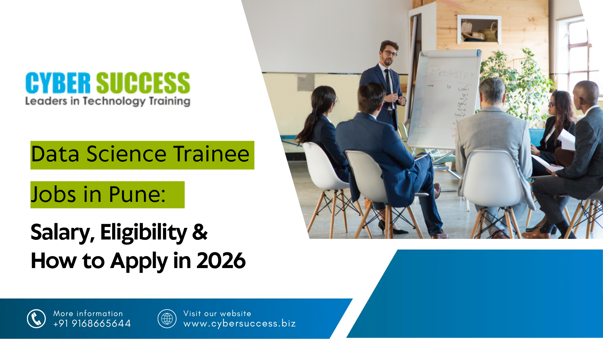 Cyber Success graphic about Data Science Trainee jobs in Pune, covering salary, eligibility, and how to apply in 2026.