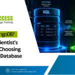Cyber Success graphic comparing SQL and MongoDB, showing structured relational and flexible document-based databases for data scientists.