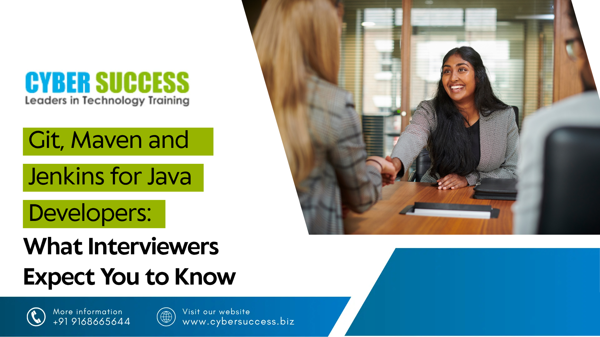Cyber Success graphic about Git, Maven, and Jenkins for Java developers, featuring a professional job interview scene.