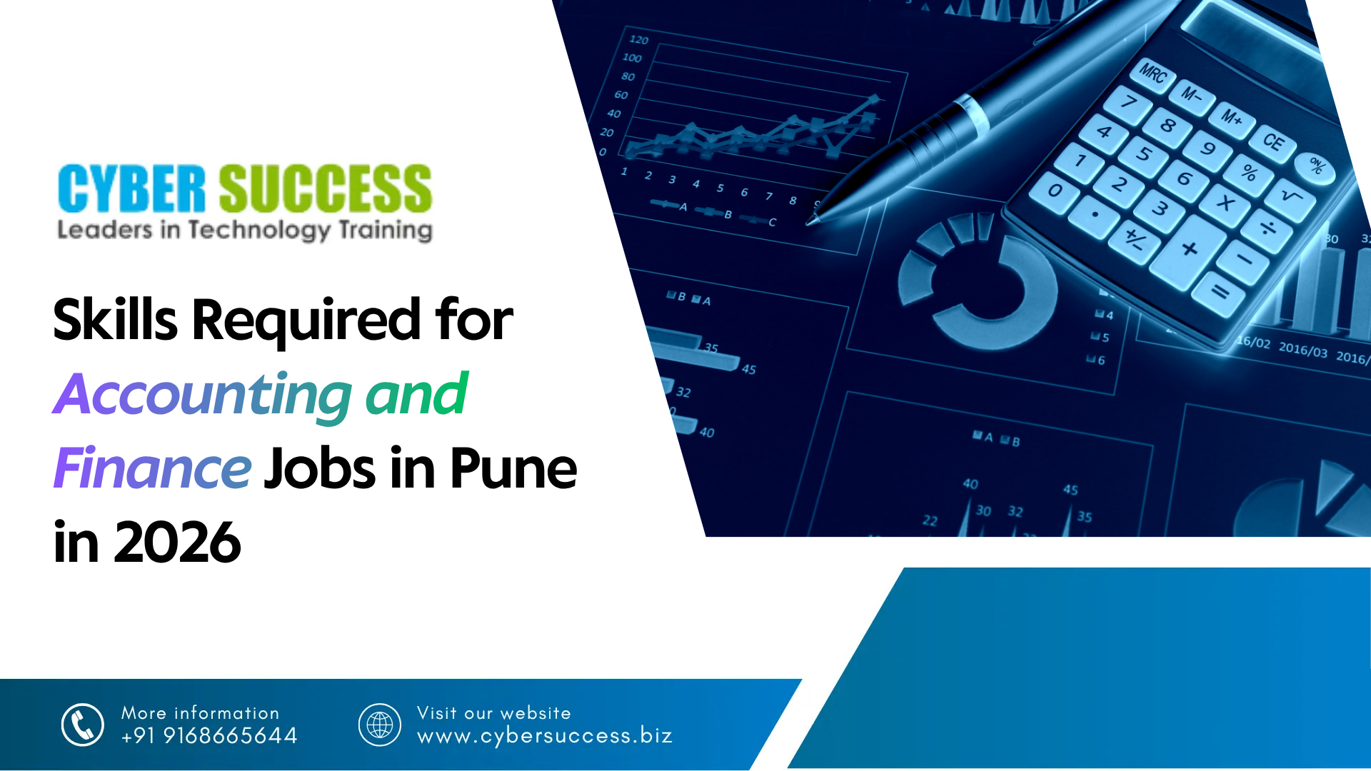 Cyber Success graphic highlighting the skills required for accounting and finance jobs in Pune in 2026, with financial charts, graphs, and a calculator.