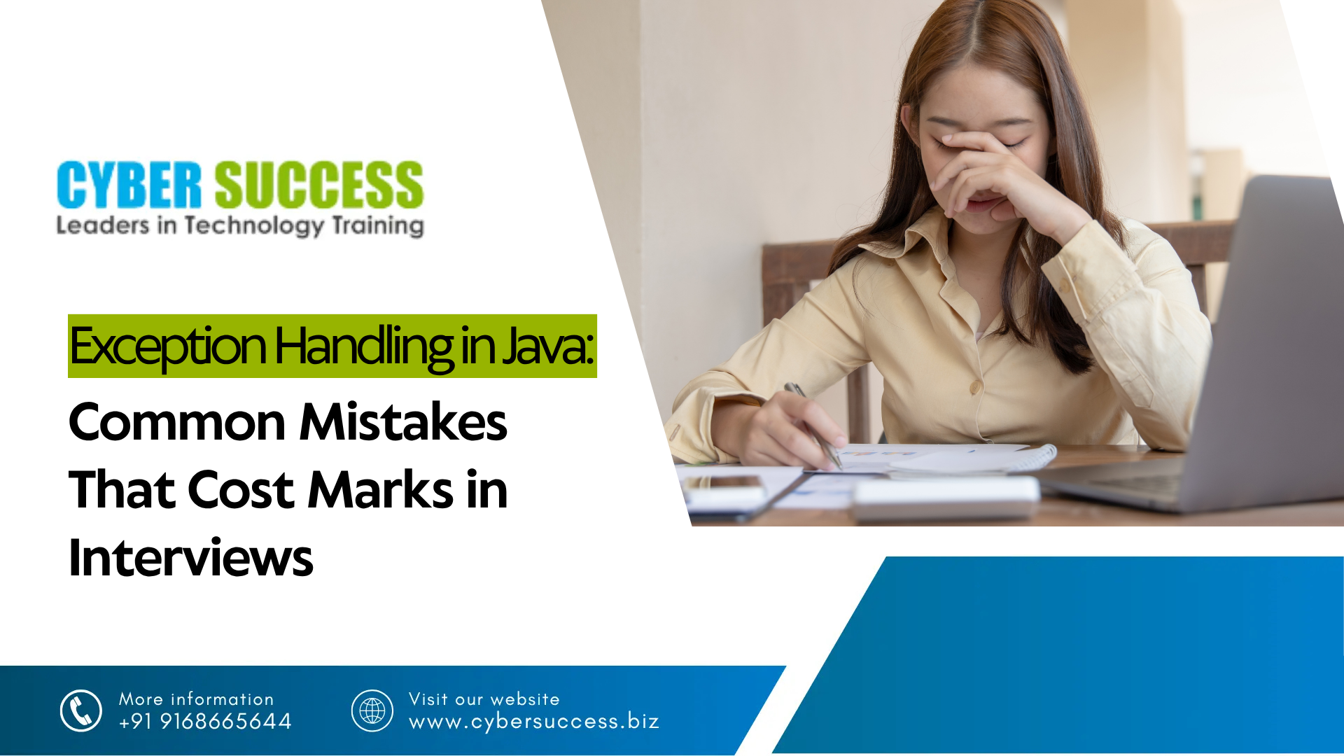 Cyber Success graphic featuring “Exception Handling in Java: Common Mistakes That Cost Marks in Interviews” with a student studying beside a laptop.