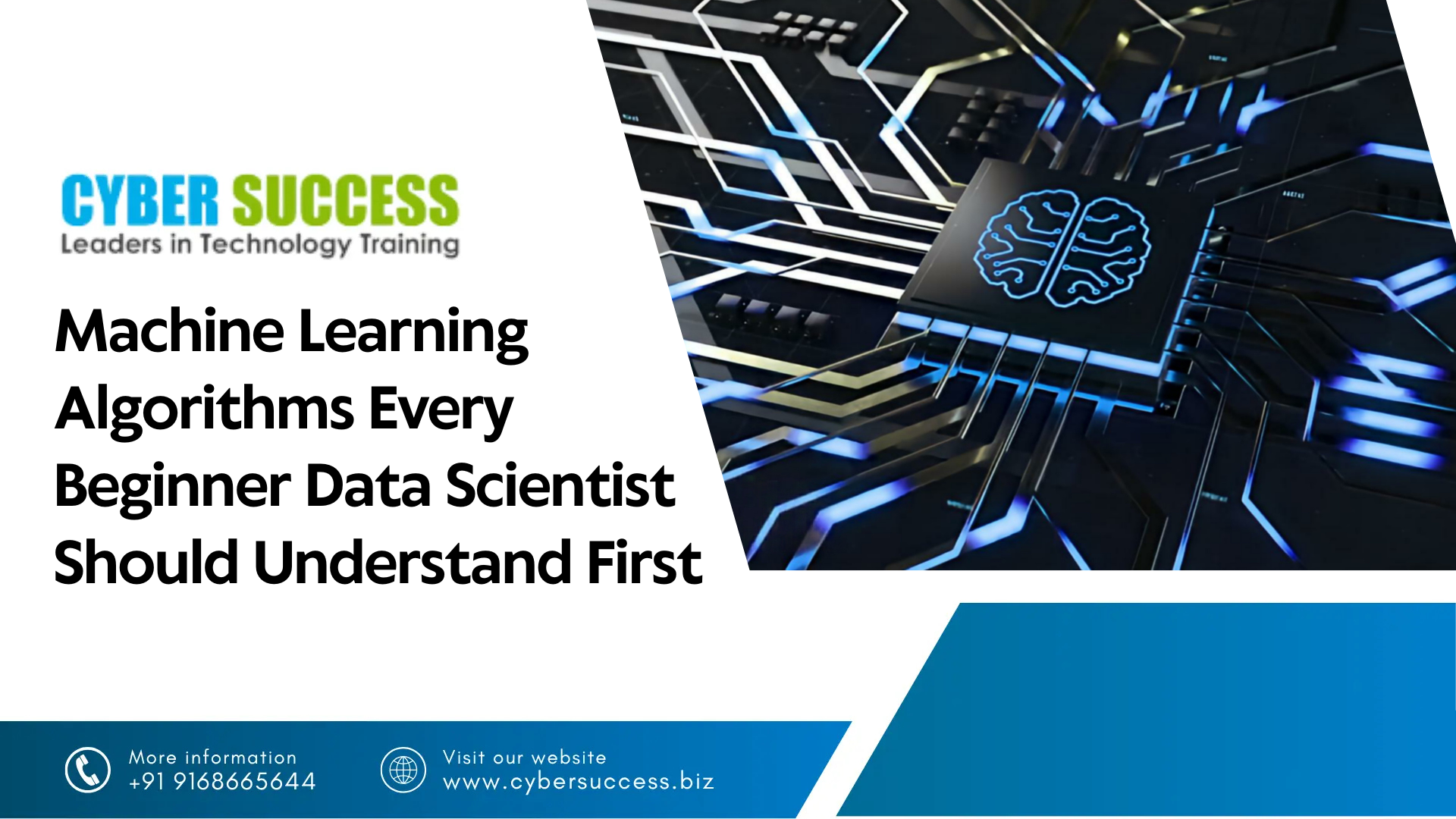 Cyber Success promotional graphic featuring “Machine Learning Algorithms Every Beginner Data Scientist Should Understand First” with an AI technology illustration.