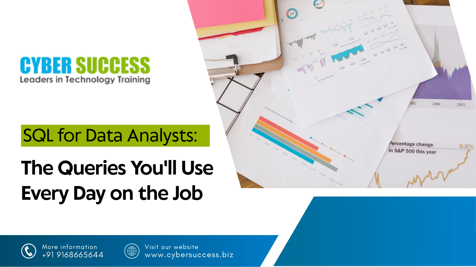 Cyber Success promotional graphic featuring “SQL for Data Analysts: The Queries You’ll Use Every Day on the Job” with data charts and analytics reports.