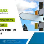 Cyber Success promotional graphic featuring “Business Analyst vs Data Analyst: Which Career Path Fits You Better?” with directional signposts representing career choices.