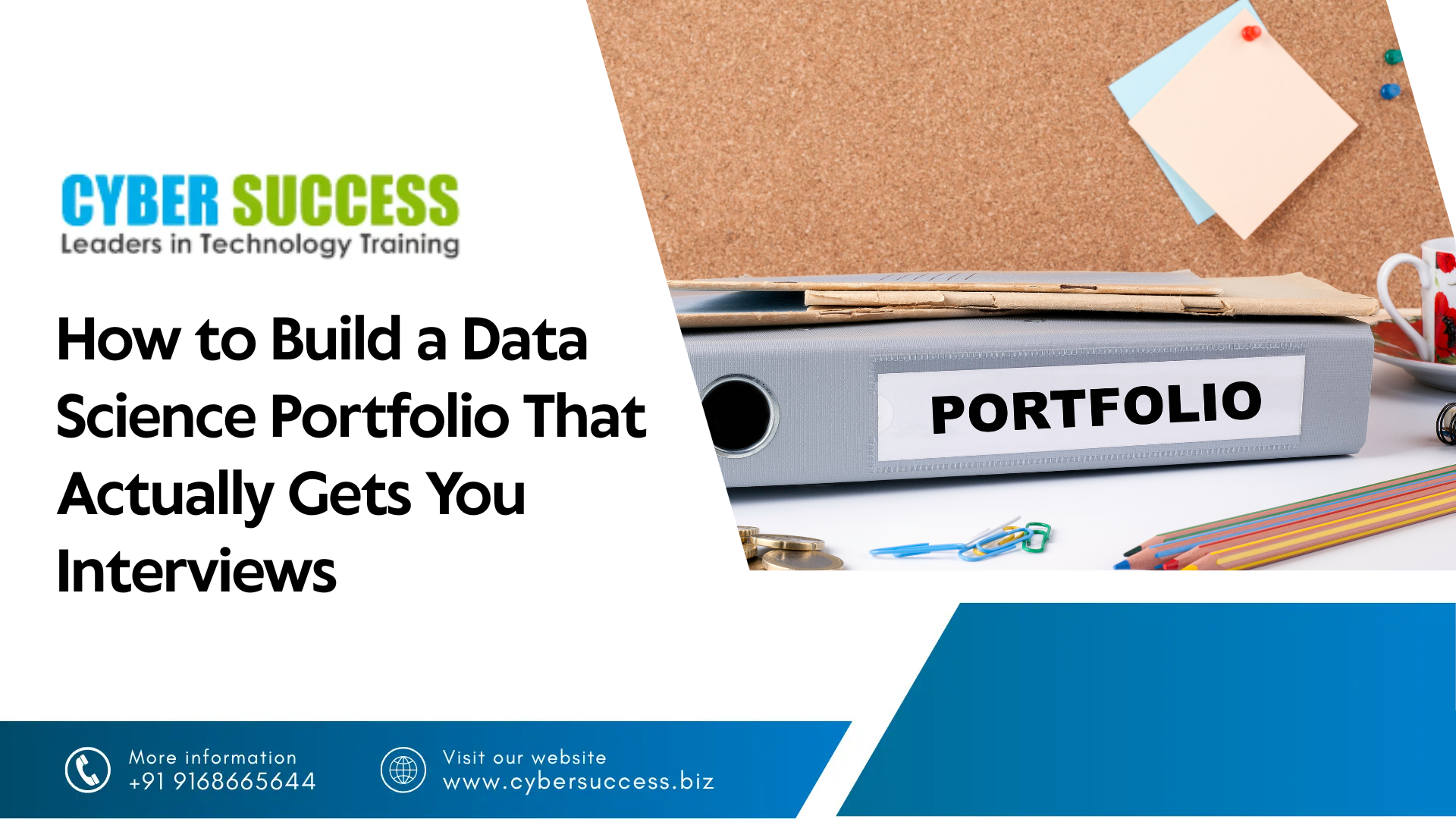 Cyber Success promotional graphic featuring “How to Build a Data Science Portfolio That Actually Gets You Interviews” with a portfolio folder and office supplies.