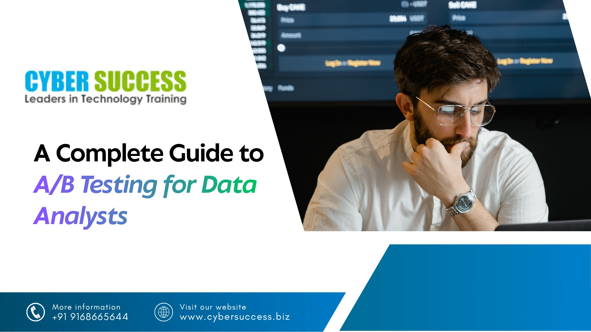 Cyber Success graphic titled “A Complete Guide to A/B Testing for Data Analysts” featuring a data analyst working with analytics dashboards.