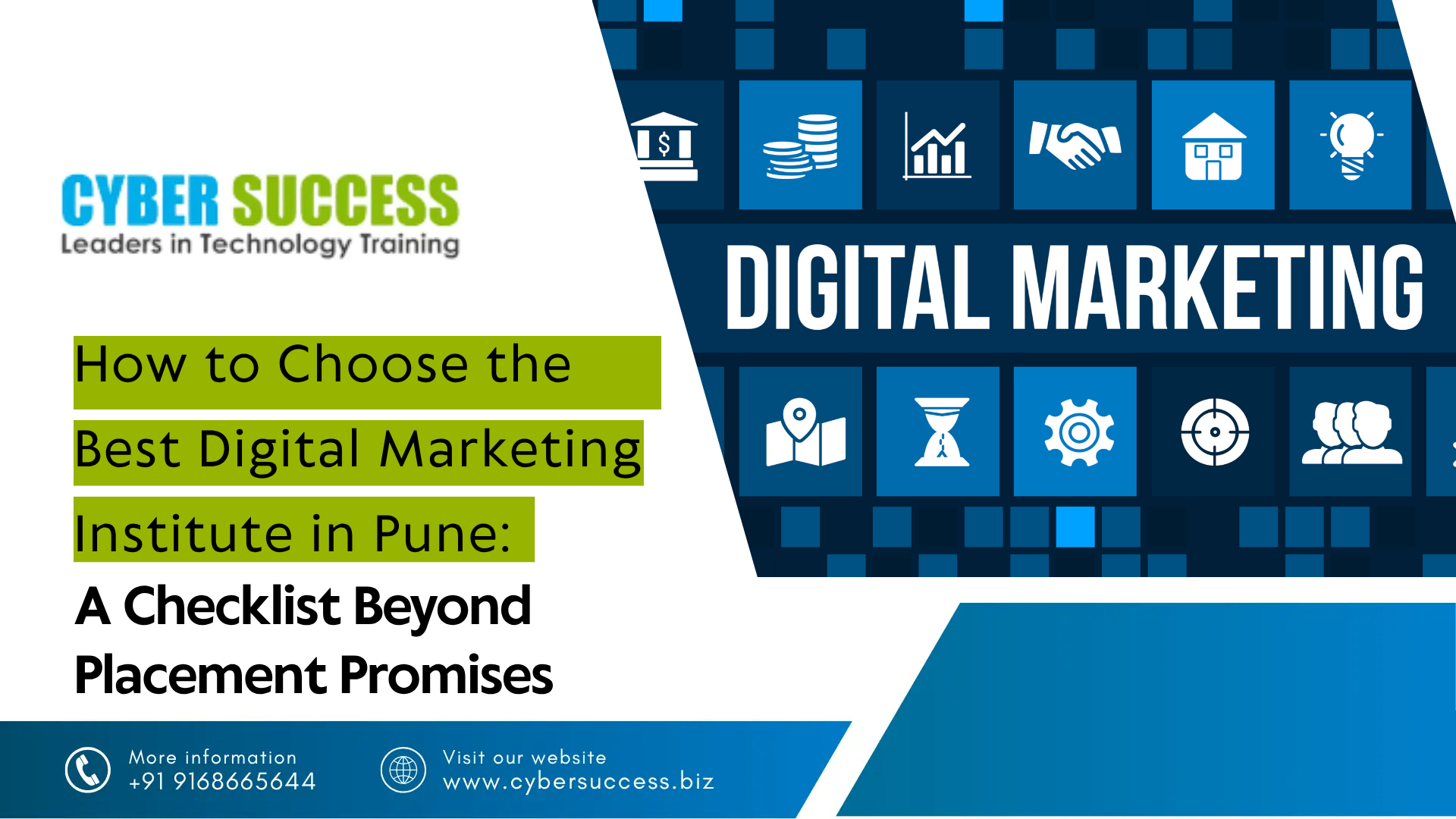 Cyber Success graphic titled “How to Choose the Best Digital Marketing Institute in Pune: A Checklist Beyond Placement Promises,” featuring digital marketing icons and course-related information.