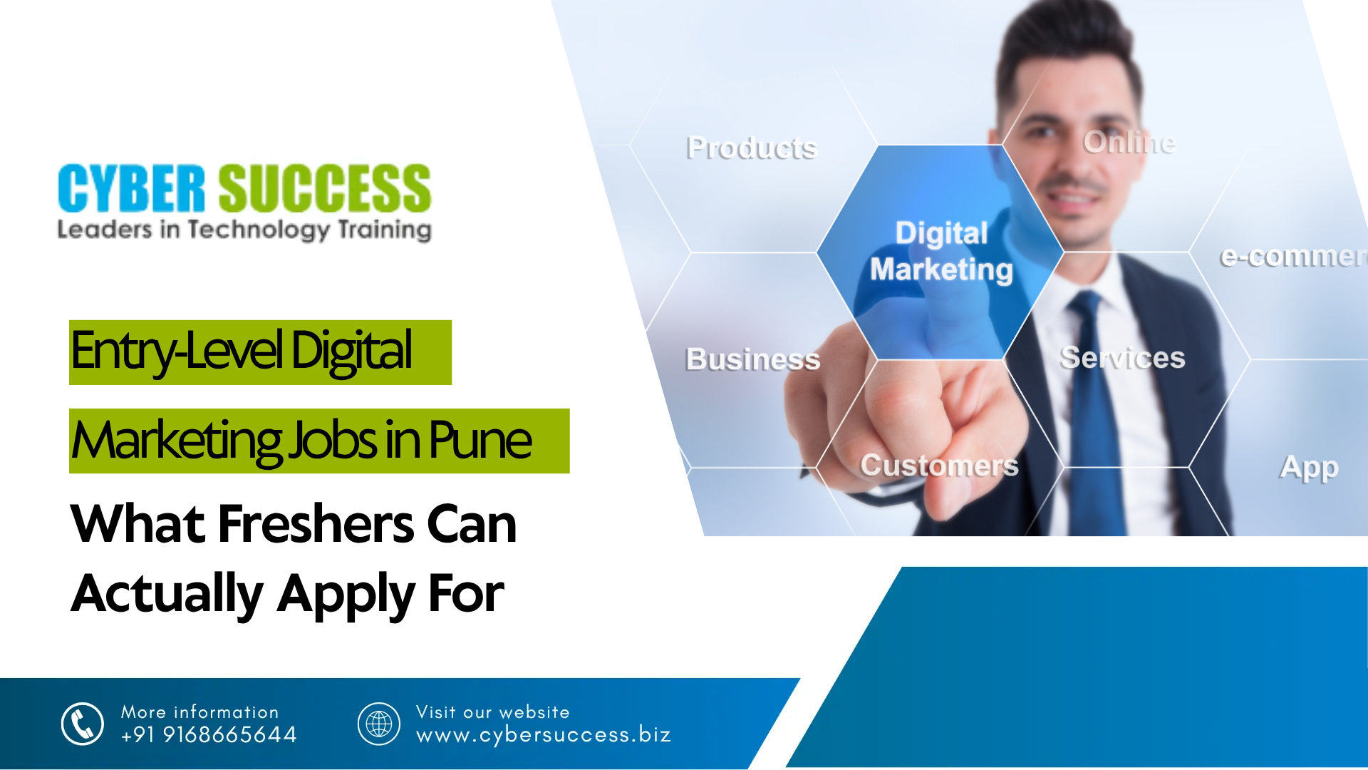 Cyber Success graphic featuring “Entry-Level Digital Marketing Jobs in Pune: What Freshers Can Actually Apply For,” with a digital marketing professional and marketing-related icons.