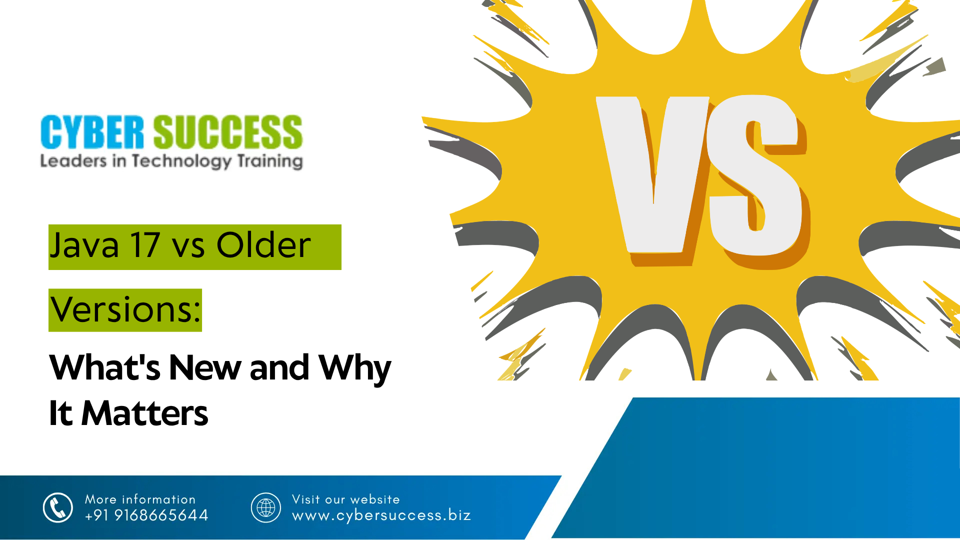 Cyber Success graphic featuring “Java 17 vs Older Versions: What’s New and Why It Matters” with a Java 17 visual and technology-themed design.