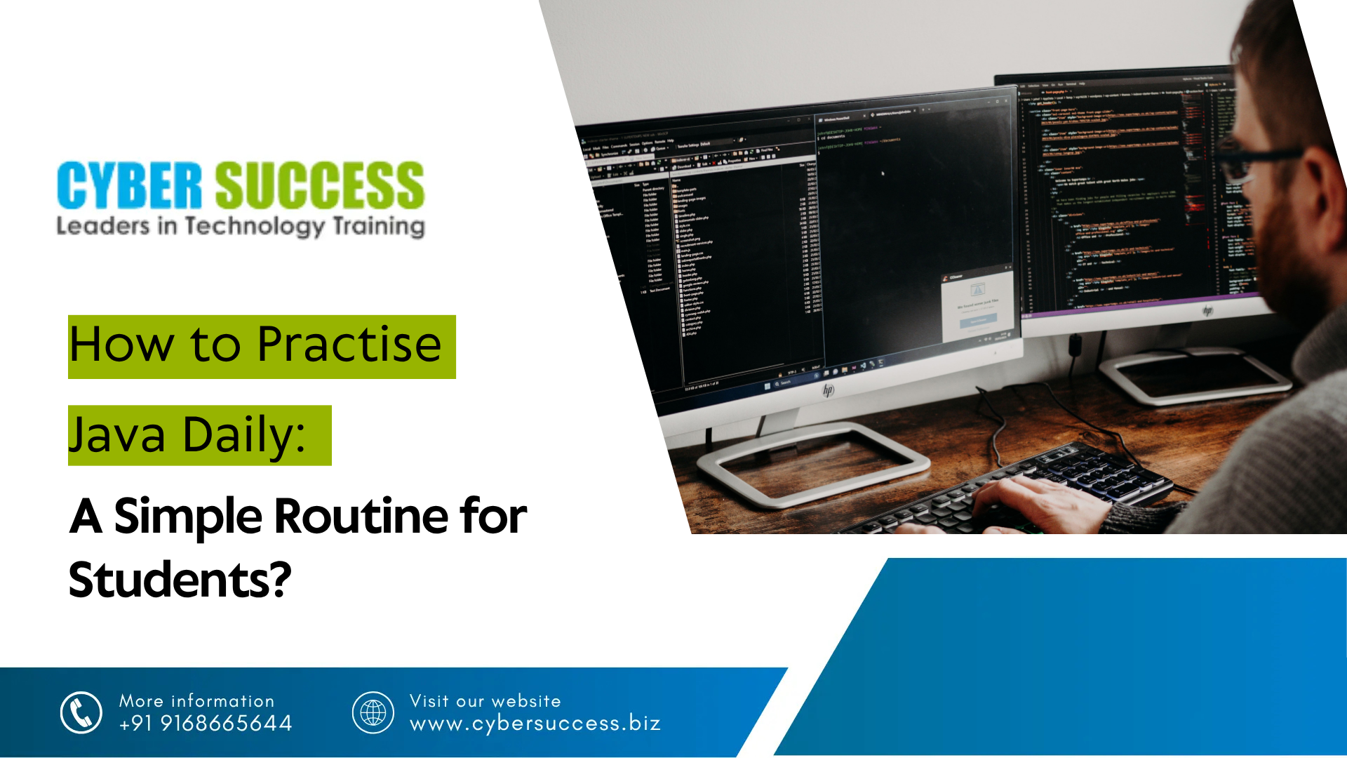 Cyber Success graphic about how to practise Java daily, featuring a student coding on a computer and a simple Java practice routine for students.