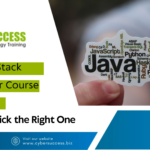 Cyber Success graphic promoting a Java Full Stack Developer Course in Pune, featuring a Java programming word cloud and tips for choosing the right course.