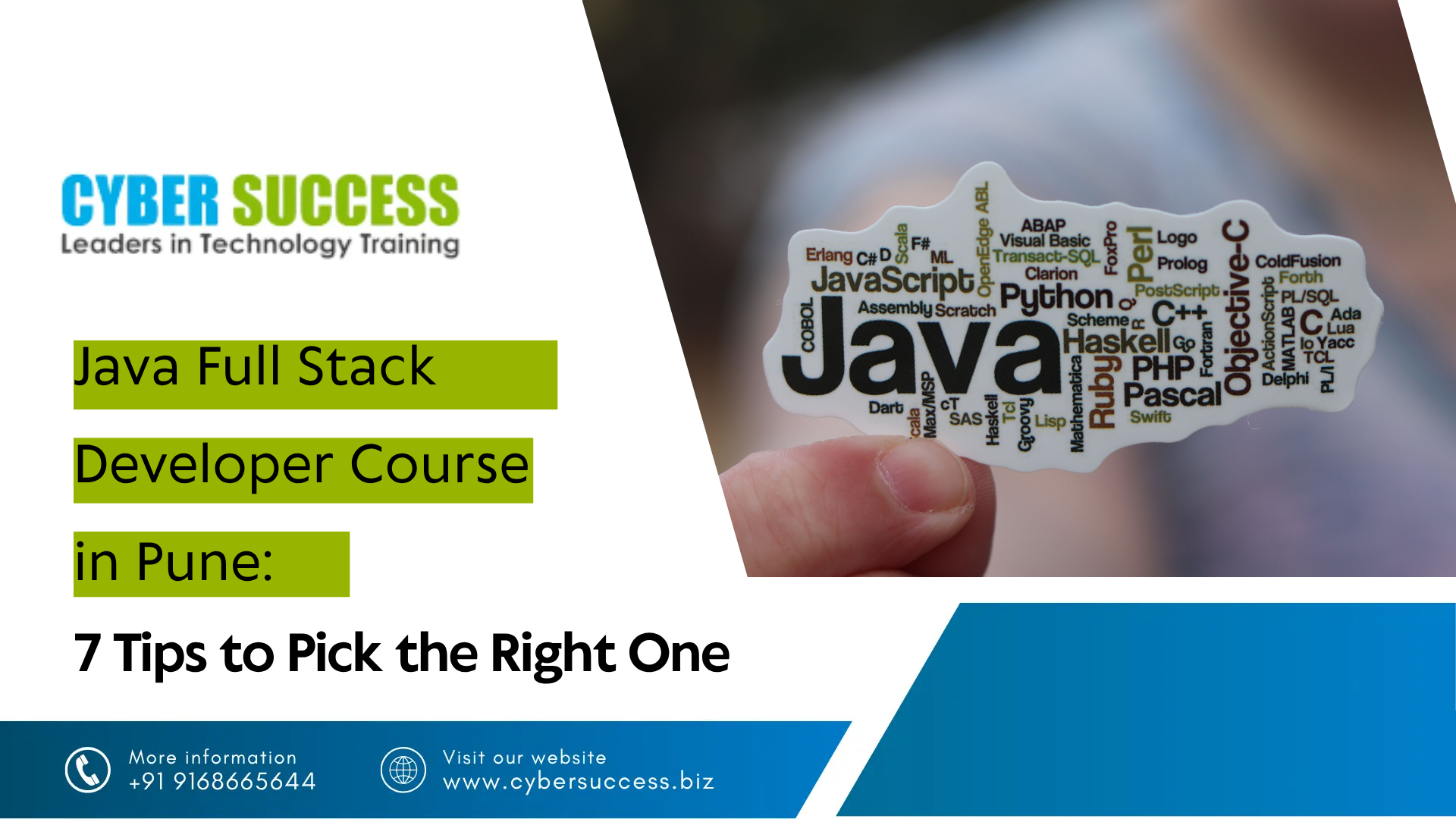Cyber Success graphic promoting a Java Full Stack Developer Course in Pune, featuring a Java programming word cloud and tips for choosing the right course.