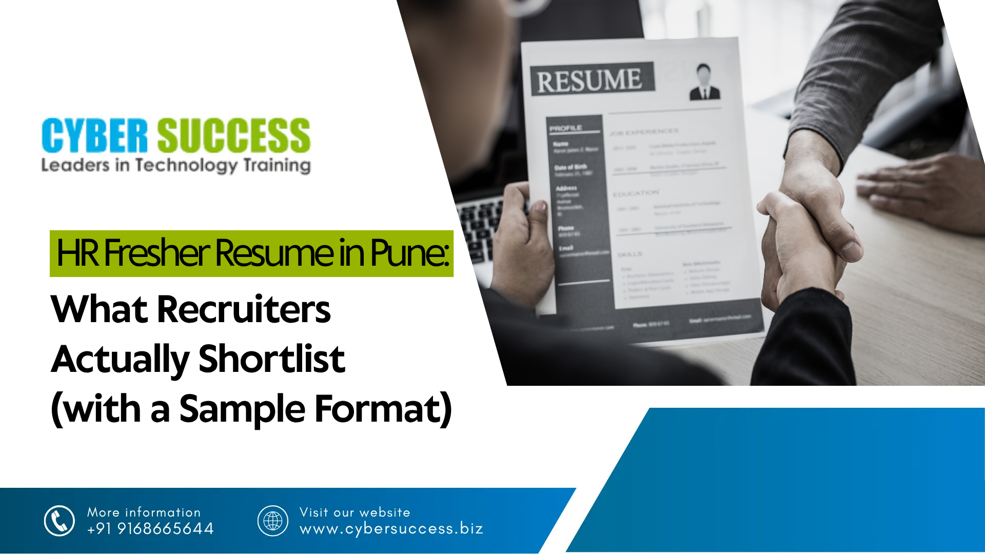 Cyber Success graphic about HR fresher resumes in Pune, highlighting what recruiters shortlist and featuring a sample resume.